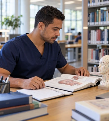 Profissional da saúde estuda material anatômico e planeja a especialização em acupuntura