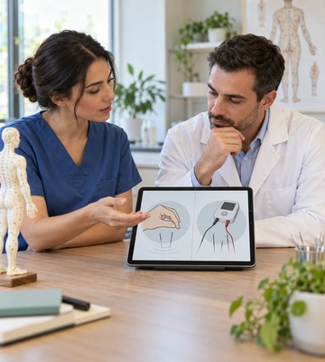 Profissionais comparam estimulação manual e aparelho de eletroacupuntura em um tablet