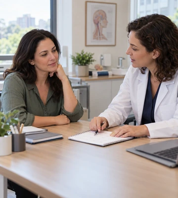 Profissional de saúde e paciente revisam um diário de cefaleia em consulta.