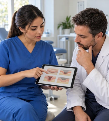 Profissionais de saúde analisam um diagrama de avaliação de tecidos em um tablet